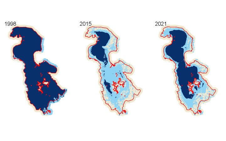 Lake Urmia in 1998, 2015 and 2021 from JRC Global Surface Water
